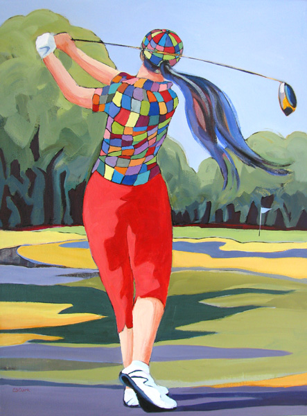 In Full Swing, female golfer painting by Carolee Clark